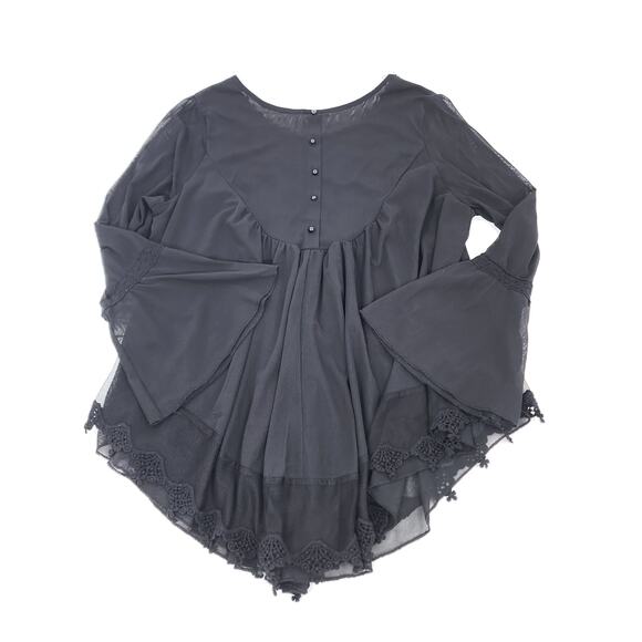 Ultra Pink Black Sheer Lace Boho Blouse | Bell Sleeve Romantic Top | Size L - Picture 5 of 6